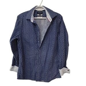 Daniel Hechter Paris Blue White‎ Polka Dot Modern Fit Cotton Button Down Shirt M